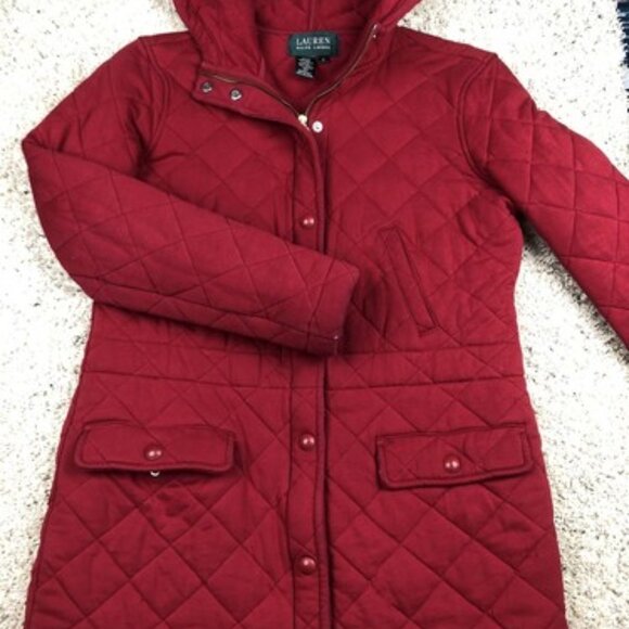 Lauren Ralph Lauren Womens Small Quilted Coat Jacket Hooded Red Full Zip WINTER - Picture 1 of 12